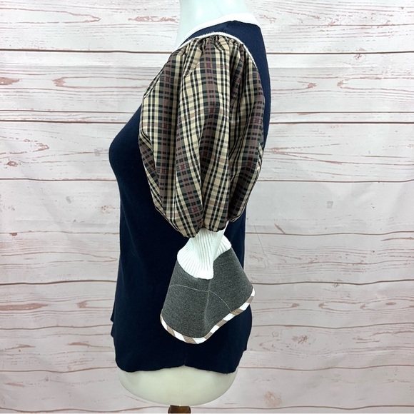 Modcloth Madras Plaid Colorblock Puff Sleeve Sweater - Picture 4 of 9